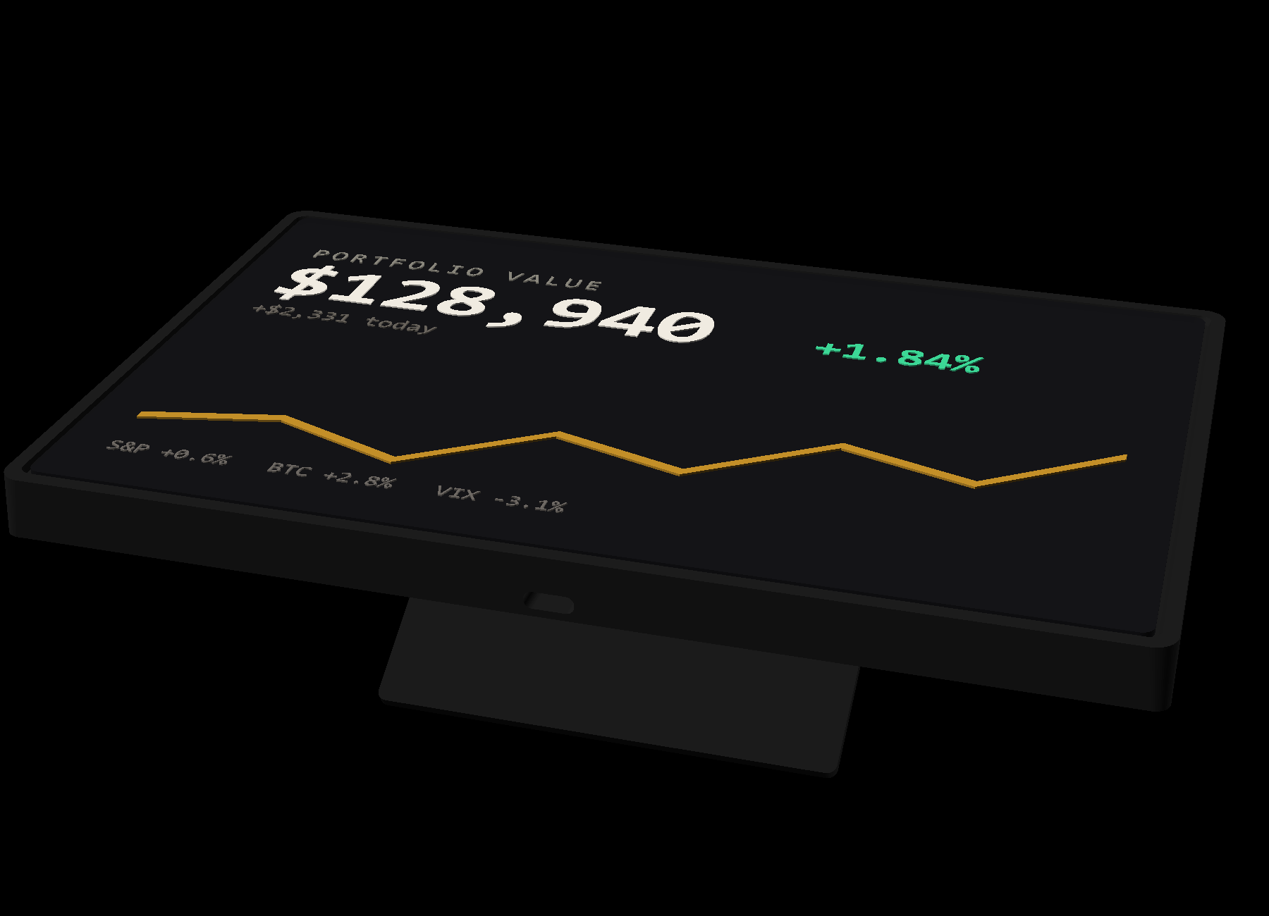 MD-100 Meridian Display — CAD render, assembled with live portfolio screen